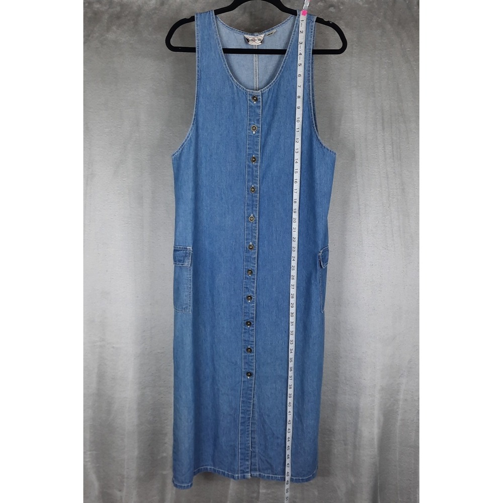 Vtg Denim Jumper Dress Maxi Button Front Cargo Pockets Medium Utility 90s Y2K - Picture 15 of 16